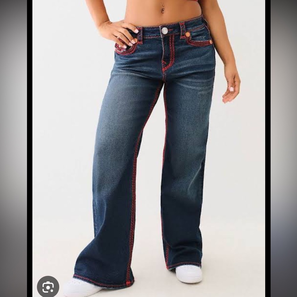 True Religion Dark Blue Flare Jeans with Red Accents Bobbi baggy